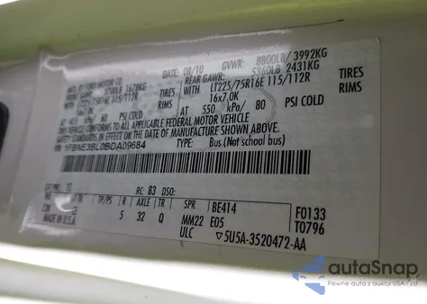 2011 Ford E-350 Super Duty Xl/Xlt из США, поврежденный, VIN 1FBNE3BL0BDA09684